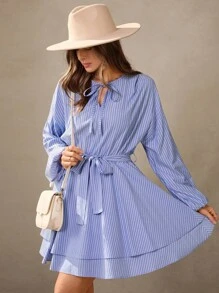 Wildy 秋季女装波西米亚风女装冬季连衣裙西装女装蓝色条纹连衣裙女式休闲通勤条纹长袖迷你连衣裙长袖连衣裙系带前裙灯笼袖连衣裙商务休闲连衣裙前系带连衣裙分层连衣裙女士教师服装，外出服装别致的秋季浪漫感觉 - 藍白色 - 查看 4