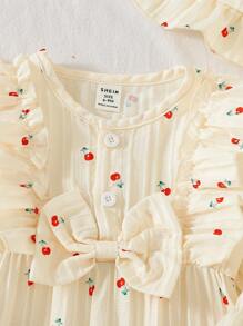 SHEIN 2件套女婴春/秋季樱花印花休闲时尚可爱连体衣+帽子套装 - 杏色 - 查看 6