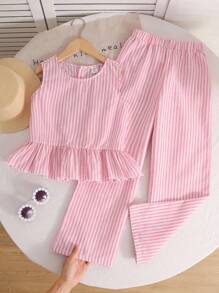 Tween 女童粉色条纹宽松休闲无袖圆领梭织衬衫搭配梭织宽松阔腿裤两件套 - 粉色 - 查看 2