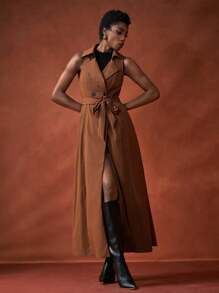 Zivah 2025秋冬新品，音乐节，毕业季，学院风，学生装，日常休闲，百搭百搭，休闲，沙滩，街头风，通勤优雅，翻领无袖长款系带风衣外套，棕色 - 棕色 - 查看 4