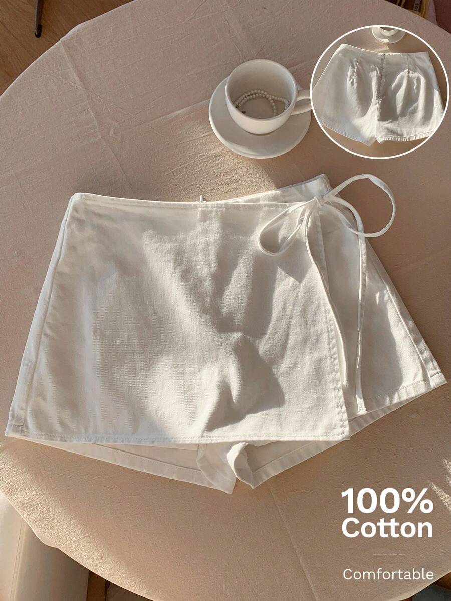 Comfortcana 女式休闲打结白色牛仔裙裤 - 白色 - 查看 1