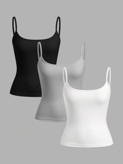SHEIN EZwear 3pcs/Set Women's Black, Light Grey, White Camisole Crop Top, Sexy & Tight Fitting, Suitable For Summer