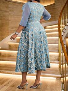 Fleurora 春夏优雅派对婚礼鸡尾酒会音乐会/音乐节蓝色编织提花圆领喇叭形 3D 玫瑰修身喇叭裙中长七分袖大码连衣裙优雅女装高档服装优雅礼服婚礼