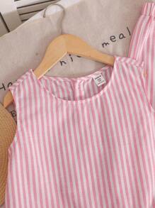 Tween 女童粉色条纹宽松休闲无袖圆领梭织衬衫搭配梭织宽松阔腿裤两件套 - 粉色 - 查看 5