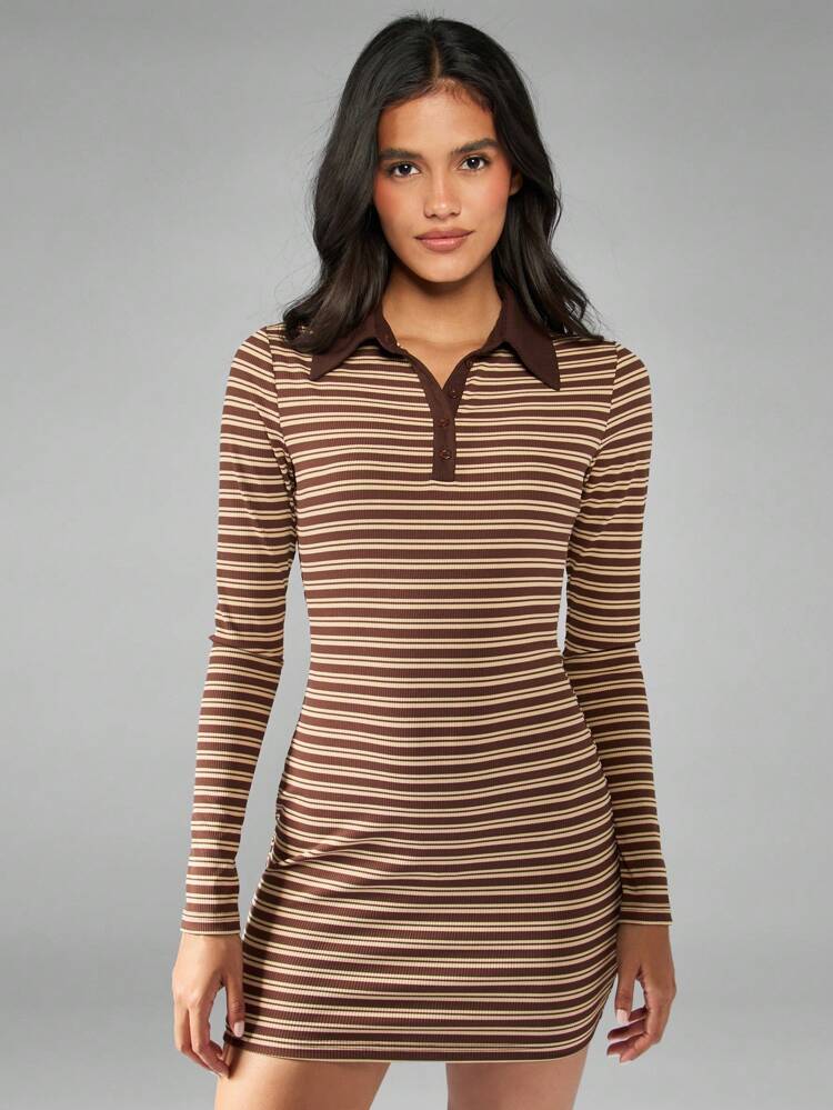 MISSGUIDED Striped Collared Bodycon Mini Dress With Long Sleeves