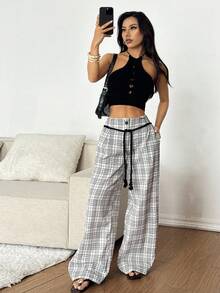 SHEIN EZwear 2025新款时尚女式休闲宽松格子阔腿基本款裤子外出教师女士返校节冬季秋季女士返校节2000年代风格街头服饰Y2K - 彩色 - 查看 6