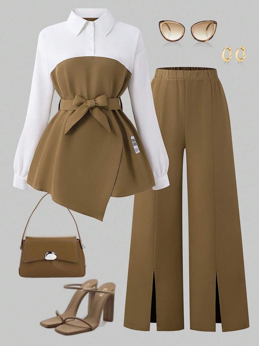 SHEIN Sparklyn Bộ 2 món/Bộ trang phục chắp vá màu sắc đơn giản cho bé gái tuổi teen phong cách cơ bản hàng ngày cho mùa thu/đông - Cà phê nâu - Xem 1