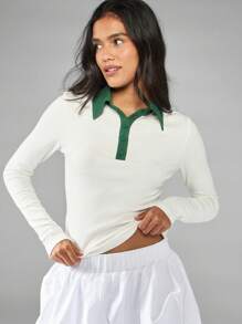 MISSGUIDED Retro Tennis Inspired Long Sleeve Polo Top With Contrast Collar Preppy Style Golf Loungewear Ribbed Fitted Stretch Knit Pullover - Multicolor - View 1