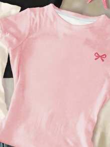 SHEIN Bộ 3 áo thun dài tay cổ tròn, tay lỡ, màu kem trắng, hồng kem, tối màu, trang trí nơ tối giản, thoải mái, mùa hè, dễ chịu, nhiều lớp quần áo mùa thu cho trẻ em, trẻ em sành điệu, trang phục thường ngày, quần áo họa tiết trẻ em, trở lại trường, quần áo mùa thu, tiệc chào đón - Nhiều màu - Xem 3