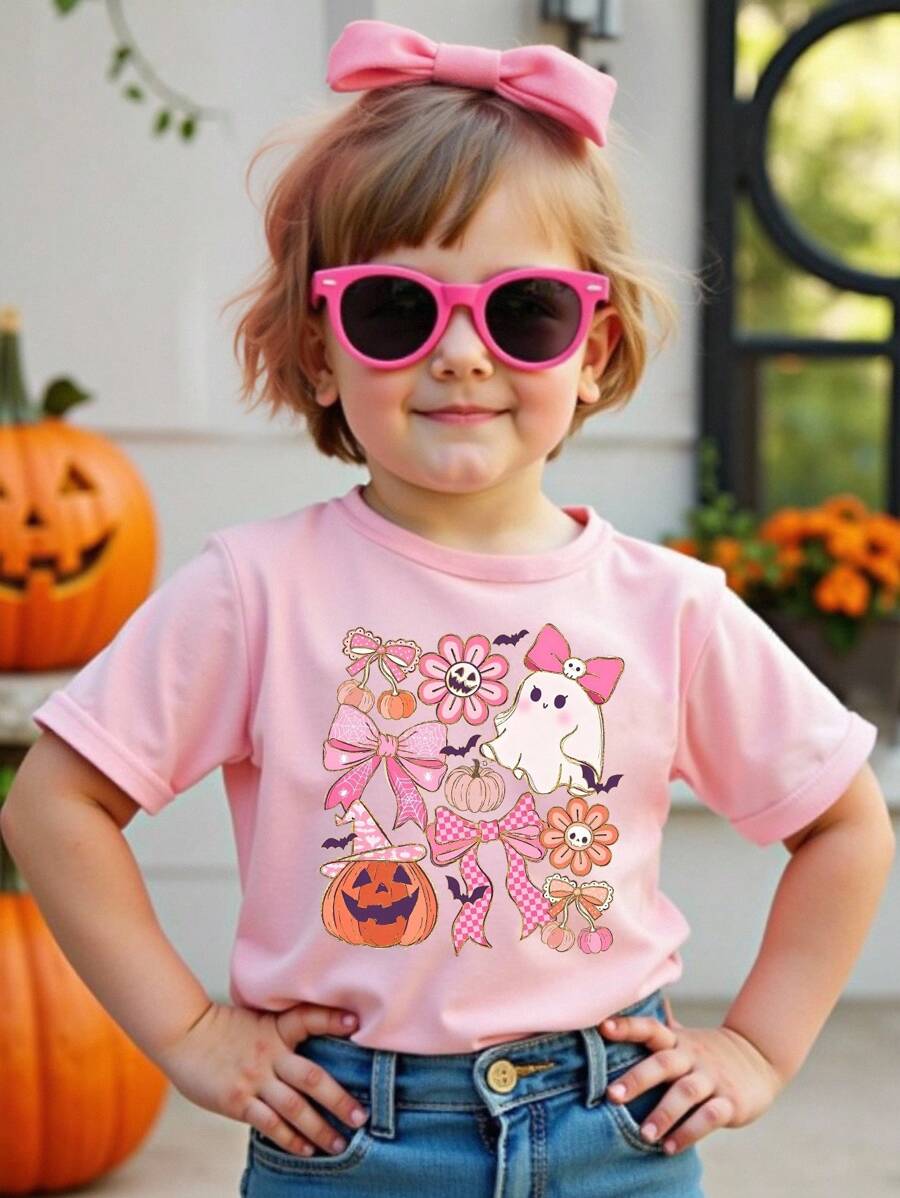 万圣节幼儿女童休闲时尚创意卡通可爱南瓜、蝴蝶结、花朵、鬼魂、妖精图案印花短袖 T 恤，节日主题休闲 T 恤 - 粉色 - 查看 1