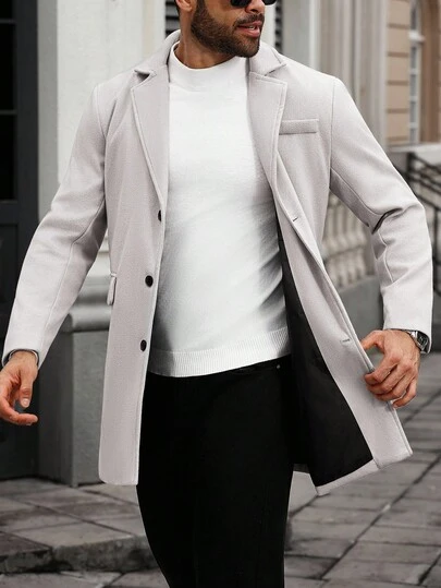 Manfinity Homme Men's Plus Size Solid Color Pocket & Button Front Long Sleeve Coat, Autumn Outing Coat, Gifts For Friends, Husbands, Boyfriends