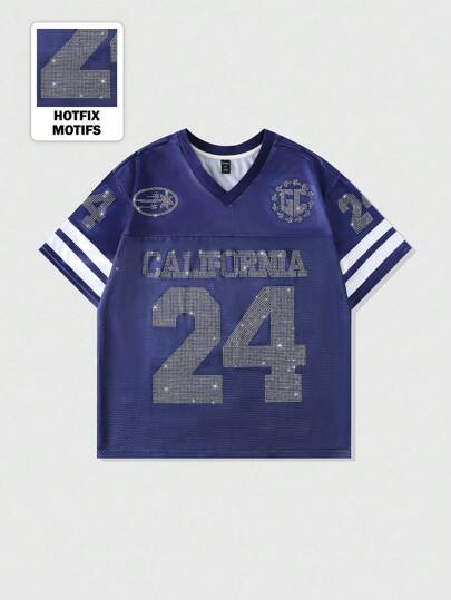 Prep Men's Sparkling Diamond Mesh Patchwork Short Sleeve Sports T-Shirt Jersey