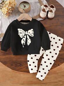 SHEIN 女婴蝴蝶结印花圆领卫衣和心形圆点印花针织打底裤套装，秋冬 - 彩色 - 查看 2