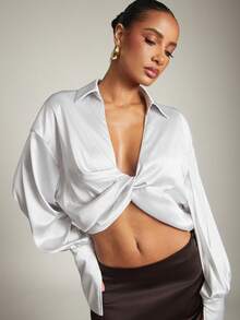 Hauture Old Money Sexy Business Casual Deep V Neck Twist Hem Blouse – Loose Fit Solid Color Office Shirt, Elegant Professional Workwear, Chic Statement Top - White - View 1