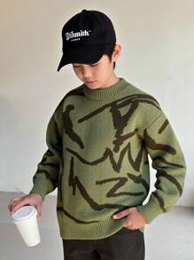 Tweenboy Graffiti Distressed Texture Crew Neck Sweater, Suitable For Winter, Travel, And School Fall - Army Green - View 4