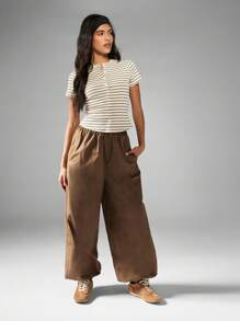 MISSGUIDED Wide Leg Palazzo Summer Pants With Elastic Waist For Beach Resort Vacation Boho Style Weekend Casual Holiday Festival Cotton Linen Feel Balloon Trouser With Cuffed Hem