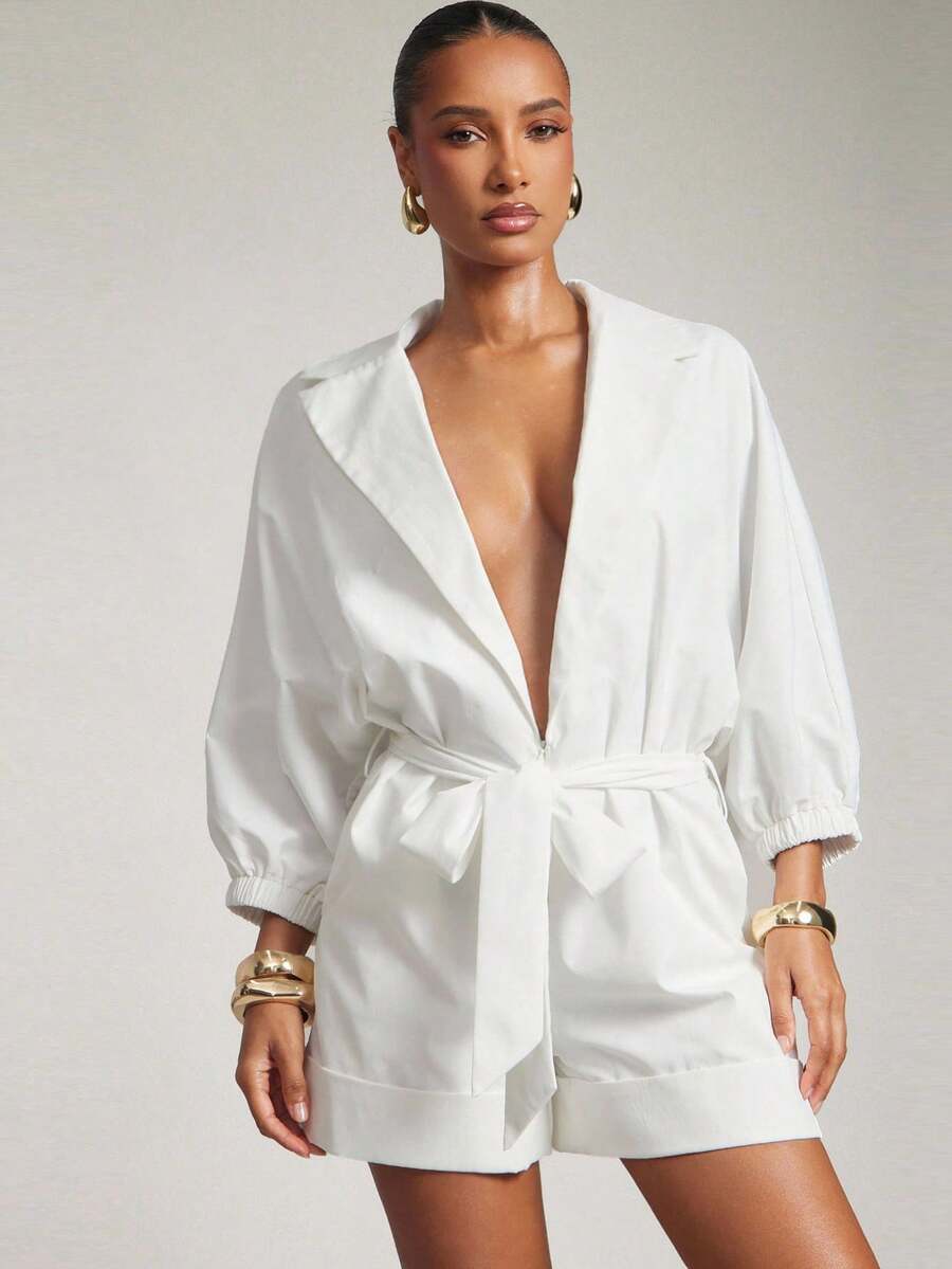 Hauture 女士白色西装领连体衣，适合夏季、海滩派对、海边度假、办公室 - 白色 - 查看 1