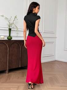 EastFlair Women's Fashion Elegant Printed Asymmetrical Hem Top & Fish Tail Skirt 2 Pieces Set - Multicolor - View 6