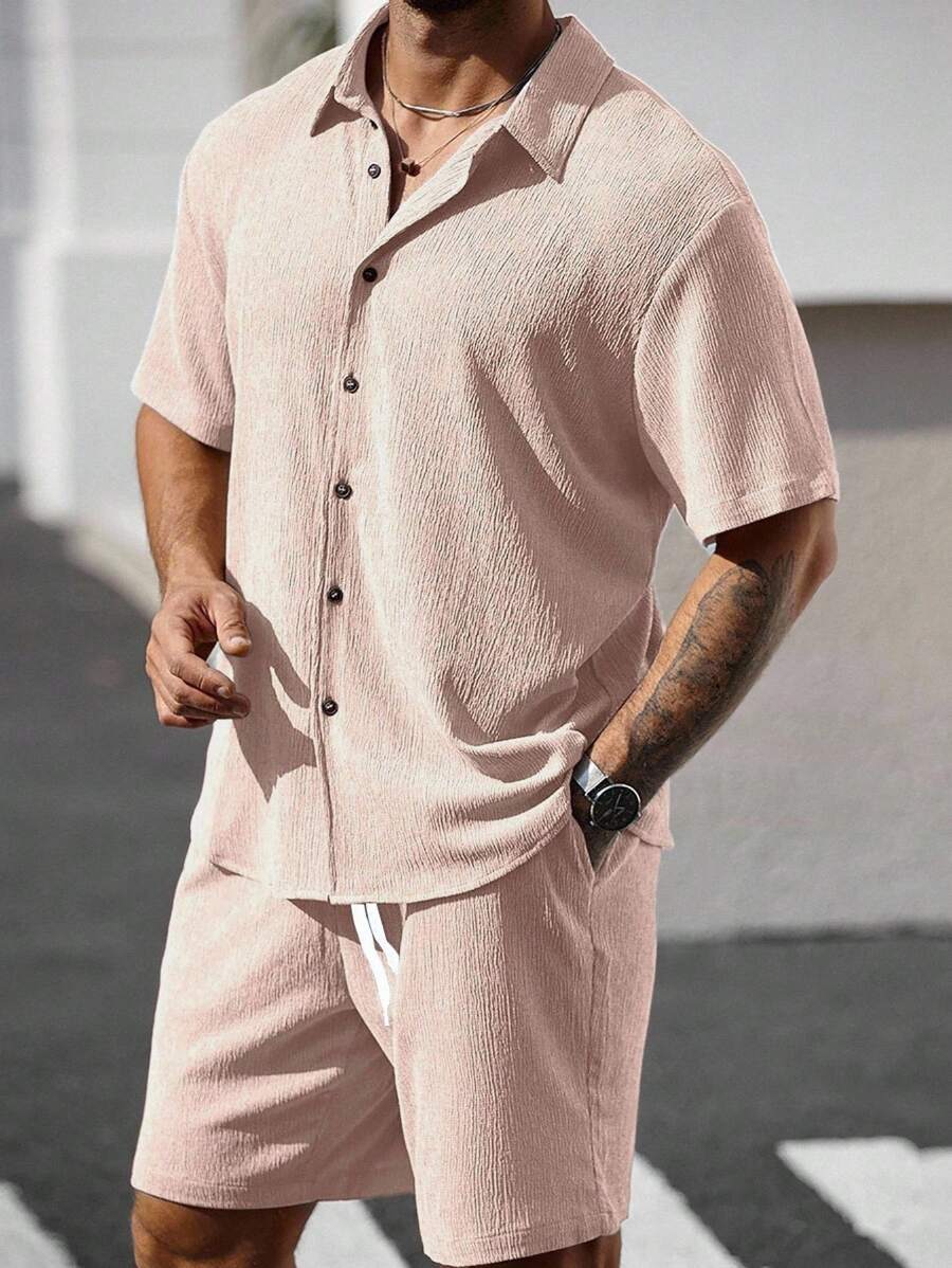 Manfinity Homme Plus Size Men's Solid Color Short Sleeve Shirt And Shorts Set - Baby Pink - View 1