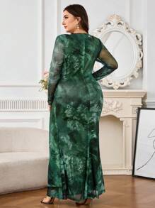 Modelyn 大码扎染印花扭纹设计优雅长袖连衣裙 - 綠色 - 查看 2