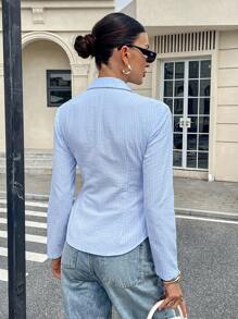 Siren Gaze 通勤休闲条纹衬衫 秋季女装 返校季 商务休闲女装 办公室女装 教师装 外出上衣 女式纽扣衬衫 冬季女装 - 藍白色 - 查看 2