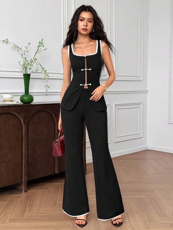 EastFlair 2 Stücke Damen Set aus Kontrastbesatz-Top ohne Ärmel mit Einzelknopfleiste und weiter Hose