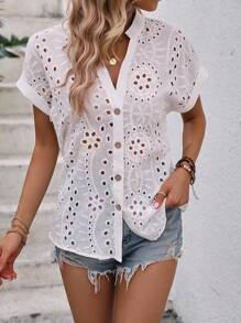 Breezaya 網眼刺繡蝙蝠袖前紐扣襯衫 - 白色 - 查看 6