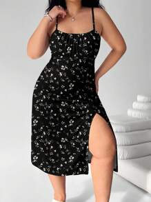 SHEIN EZwear 大码女式花卉印花细肩带长裙，沙滩装，波西米亚风格，春季服装，节日派对长裙，夏威夷连衣裙，休闲女式连衣裙，露背印花开衩下摆休闲长裙 - 彩色 - 查看 5