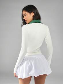 MISSGUIDED Retro Tennis Inspired Long Sleeve Polo Top With Contrast Collar Preppy Style Golf Loungewear Ribbed Fitted Stretch Knit Pullover - Multicolor - View 2