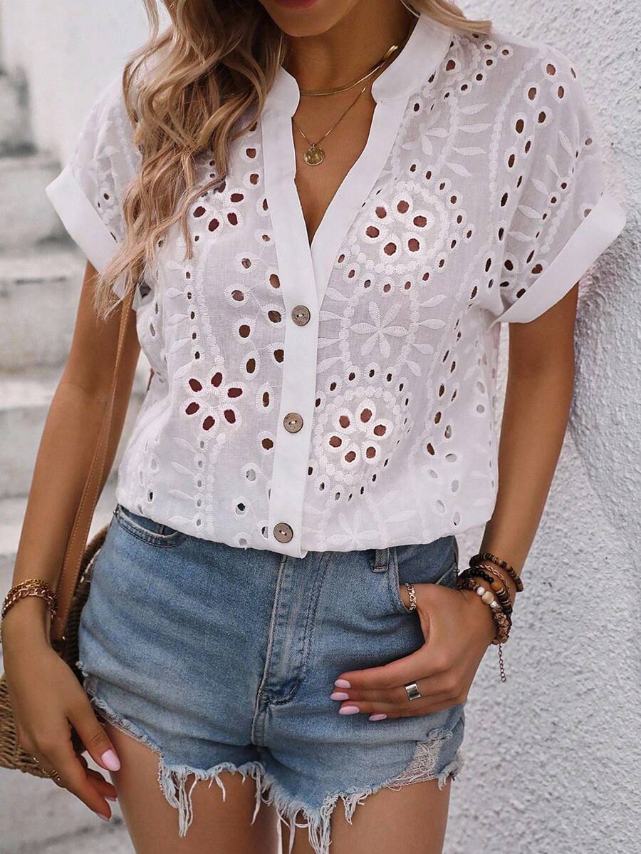 Breezaya 網眼刺繡蝙蝠袖前紐扣襯衫 - 白色 - 查看 1