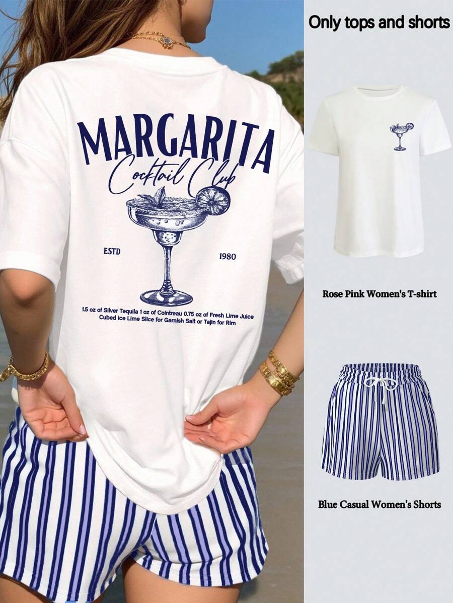 INAWLY Bộ 2 áo thun cổ tròn tay ngắn in họa tiết tối giản và quần short sọc cho nữ - Nhiều màu - Xem 1