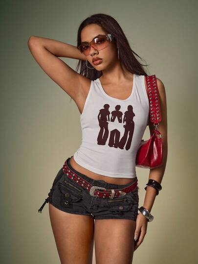 Y2Kool BiGraphic Women's Slim Fit Punk Pentagram Print Sexy Camisole, Casual Top For Back To School, Vacation, Party Graphic Tees Women Crop Hippie Tops Y2K Clothes