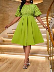 Fleurora 春夏优雅通勤办公休闲外出休闲波西米亚风绿色编织刺绣圆领舞会礼服主教袖中长短袖大码连衣裙优雅套装办公连衣裙