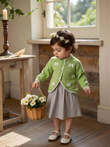 Baby Girl Cute Knitted Cardigan Sweater Baby Sweater With Bows Fall Winter - Green - View 1