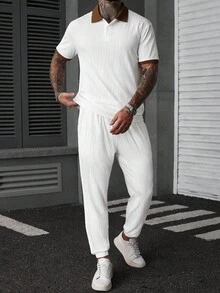 Manfinity CasualCool 男士高级提花菱形纹理 Polo 衫及菱形纹理长裤套装，拼色设计 - 白色 - 查看 1