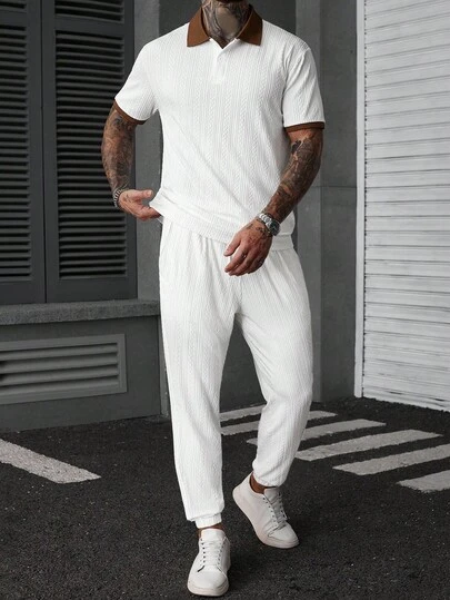 Manfinity CasualCool 男士高级提花菱形纹理 Polo 衫及菱形纹理长裤套装，拼色设计