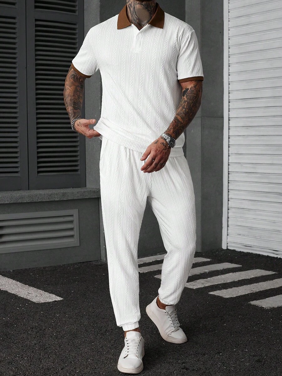 Manfinity CasualCool 男士高级提花菱形纹理 Polo 衫及菱形纹理长裤套装,拼色设计 - 白色 - 查看 1