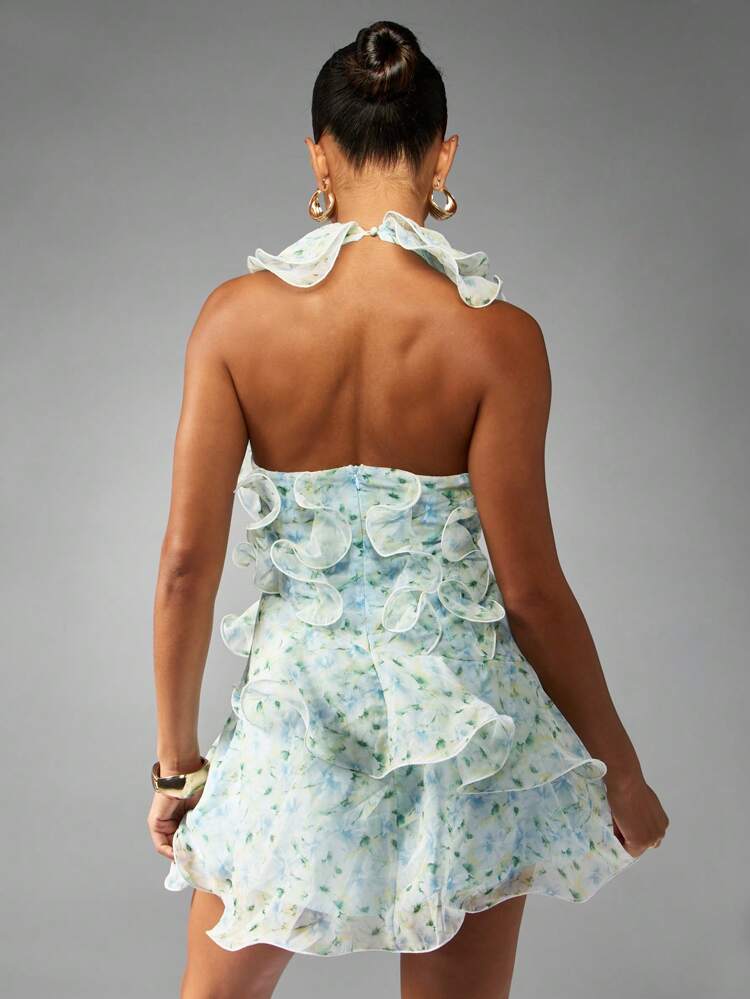 MISSGUIDED Robe mini en mousseline de soie à fleurs avec détail de volant, encolure ras-du-cou, pour mariage, fête, occasion spéciale, jardin, thé
