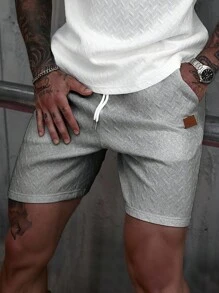 Manfinity Homme 男士夏季提花纹理面料抽绳短裤，罗纹领口和皮革贴片，是送给男朋友或丈夫的理想礼物 - 淺灰色 - 查看 3