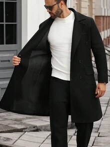 Manfinity CasualCool Men's Plus Size Solid Color Pocket And Button Front Long Sleeve Coat, Autumn Clothing