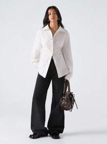 LYSMO 女式休闲纯色纽扣长袖衬衫 - 白色 - 查看 7