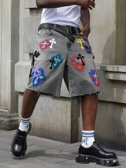 Street Life Men's Cross Print Rhinestone Embellished Denim Shorts