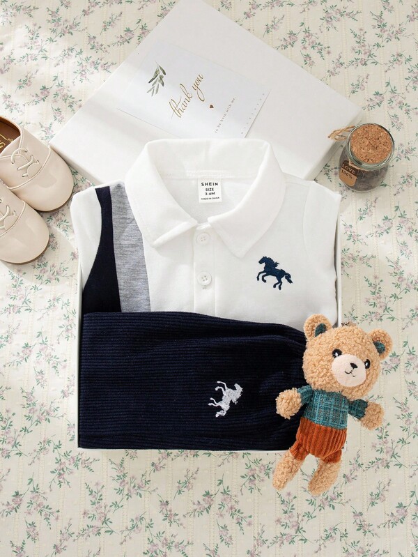 Souflis Souflis 2pcs Baby Boy Polo Neck Color Block Long Sleeve Top And Casual Corduroy Pants Set, Fashionable Outfit With Exquisite Prints, Infant Boy Clothes, Children Apparel Baby Boy Shirt Sets Baby Boy Clothes Toddler Boy Clothes Baby Boy Polo Shirt And Pants Set