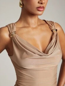 Hauture Old Money Sexy Business Casual Ruched Shoulder Gold Detail Cowl Neck Top Elegant Sleeveless Office Blouse, Professional Workwear, Chic Evening Fashion