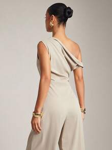 Hauture 女式不对称缀饰褶饰单肩垂坠上衣，女式日常上衣 - 卡其色 - 查看 3