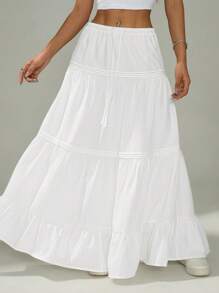 SHEIN EZwear 大码女式白色系带腰部荷叶边下摆休闲 A 字裙 - 白色 - 查看 10