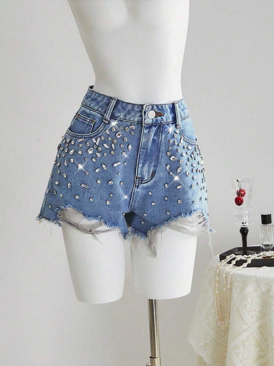SHEIN PETITE Shorts vaqueros casuales de mujer con bolsillos, bajo deshilachado, rotos y desgastados, estilo Y2K, atuendo de vuelta al colegio y para fiestas de cumpleaños