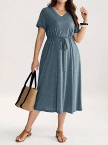 SHEIN LUNE Đầm dài tay ngắn cổ tròn cỡ lớn, eo rút, đầm thường ngày rộng rãi, trang phục giáo viên cho nữ, trang phục hòa nhạc đồng quê, quần áo cổ điển, trang phục học sinh nữ, váy midi đơn giản thường ngày màu trơn, váy chữ A, váy thường ngày, trang phục phong cách công sở quyến rũ, mặc hàng ngày, tiệc tùng cá nhân thanh lịch, đi làm, tối giản, mặc hàng ngày, đi làm, váy công sở tối giản, váy thanh lịch cho tiệc tùng, váy dự tiệc cho nữ, phù hợp cho mùa xuân/thu, kỳ nghỉ & hẹn hò, váy thiết yếu khi đi làm hàng ngày & ngoài trời - Màu xanh lam - Xem 5