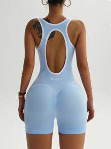 Dewbera Contrast Color Trim Backless Sleeveless Sports Romper Seamless Workout Jumpsuit Yoga Bodysuit - Blue - View 4
