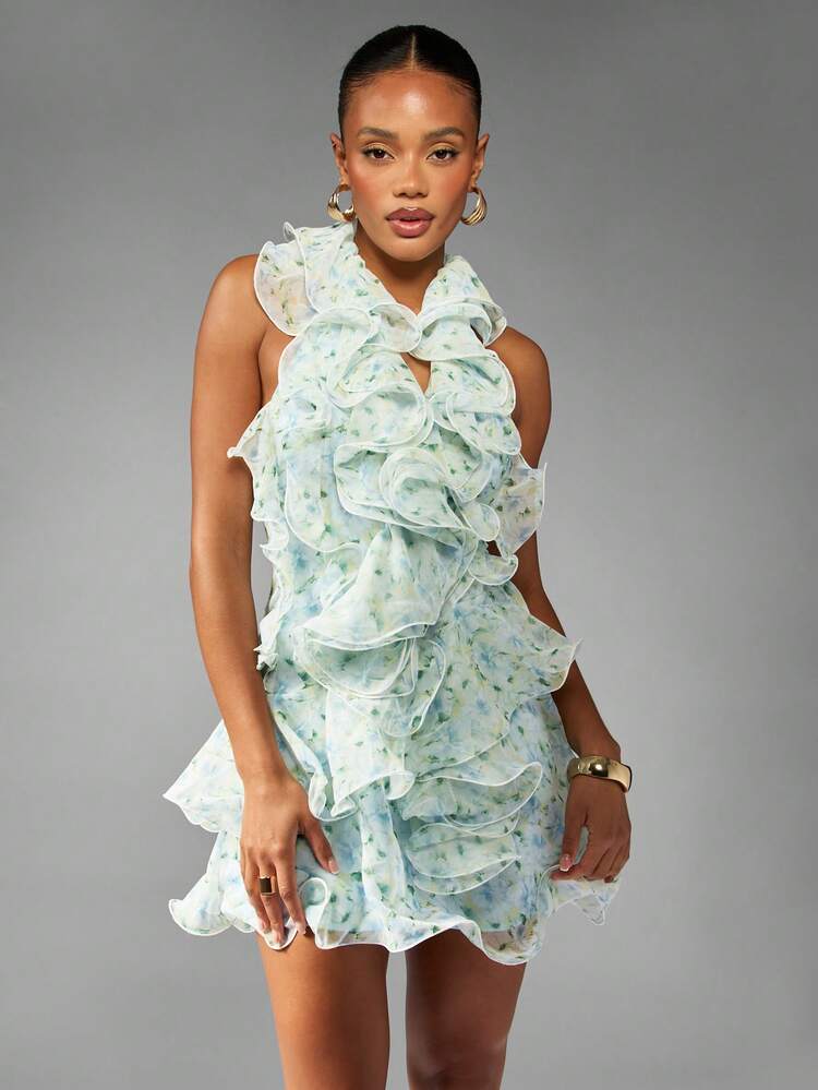 MISSGUIDED Robe mini en mousseline de soie à fleurs avec détail de volant, encolure ras-du-cou, pour mariage, fête, occasion spéciale, jardin, thé